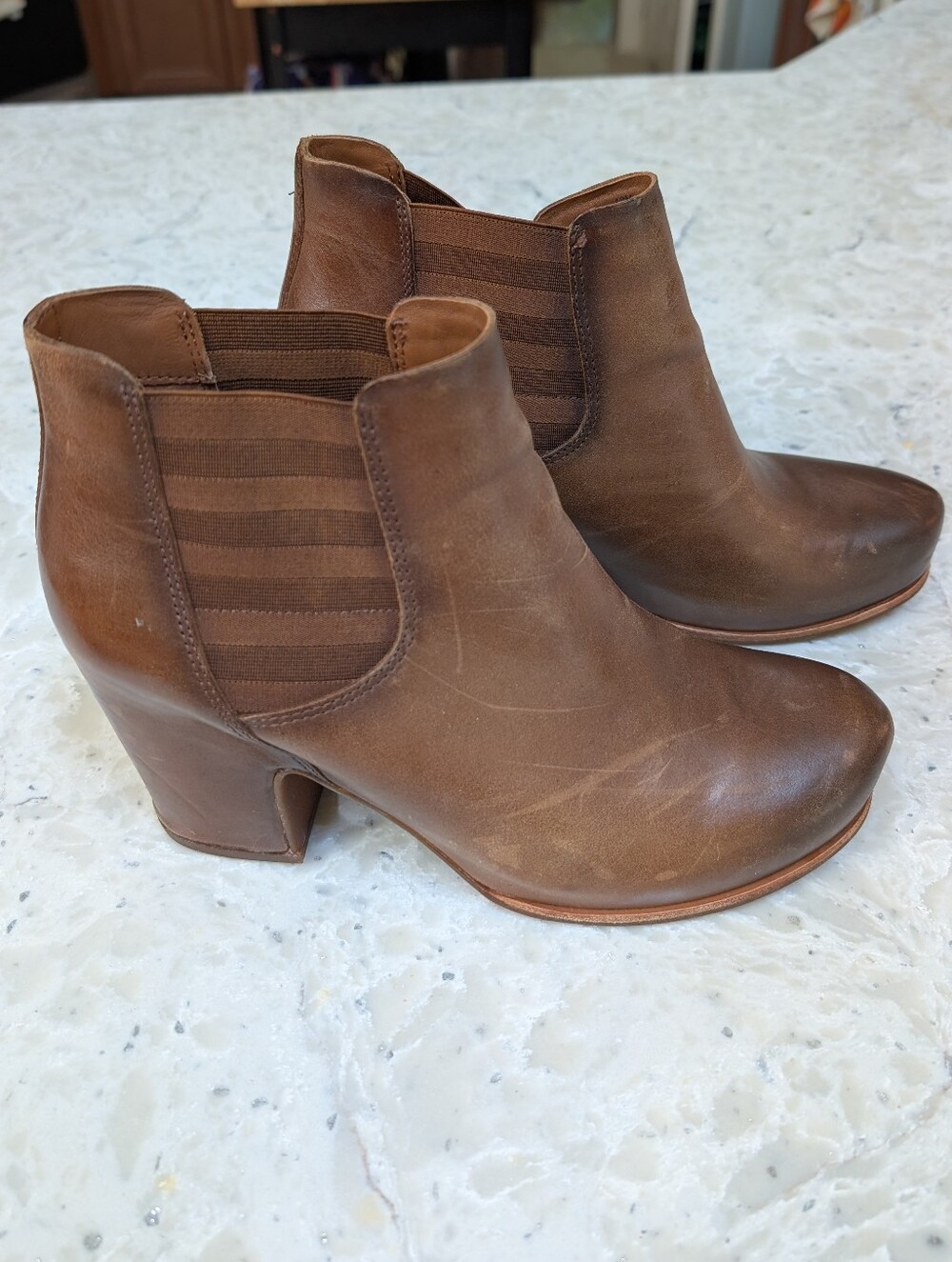 Kork Ease Leather Ankle Boots Pull-on Chelsea Shirome Booties Brown Size 10